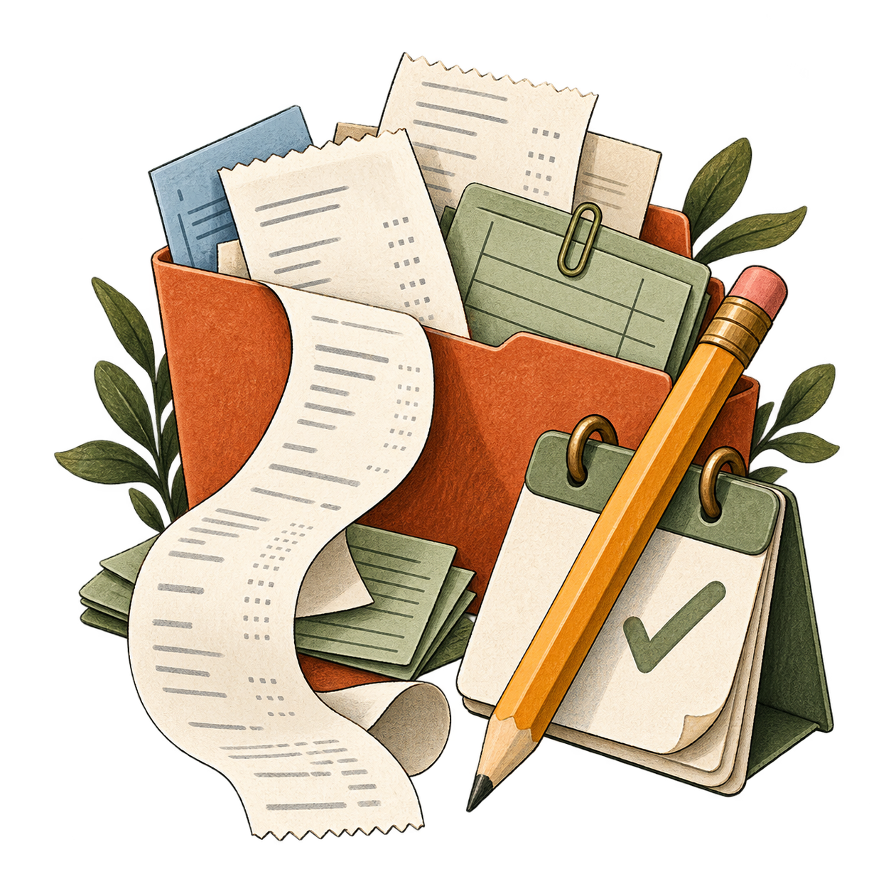 An illustrated orange folder with receipts, a pencil and a calendar